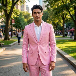 New 2026 Mens 2pc Linen Spring Pink Suit Set, Skinny Fit
